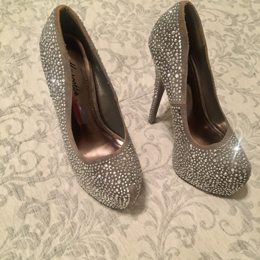 Taupe, Rhinestone Studded, 5" Stiletto's with Concealed Platform - Size 7